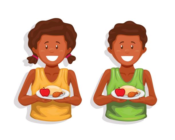 ilustraciones, imágenes clip art, dibujos animados e iconos de stock de niños africanos felices sosteniendo alimentos, fondo mundial de donación del hambre símbolo conjunto de caracteres vector - malnourished