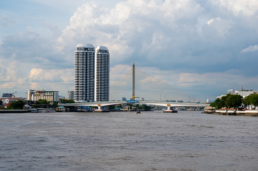 Bangkok, Thailand - May 15 2021: Somdet Phra Pin Klao Bridge A bridge over the Chao Phraya River in Bangkok, Thailand.