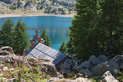 In the Alpes-de-Haute-Provence, in the Mercantour the Lake of Allos 2225m.\nThe Chapel was built at the beginning of the 20th century and restored in 2010
