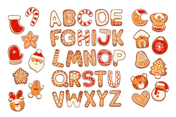 Christmas gingerbread cookies alphabet Christmas gingerbread cookies alphabet with figures. Biscuit letters and characters for xmas messages and design. Vector illustration with sugar decorations. gingerbread house cartoon stock illustrations