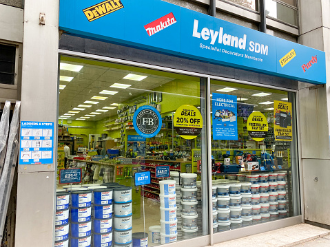 Leyland Specialist Decorators Merchants  in London, England, with commercial logos visible