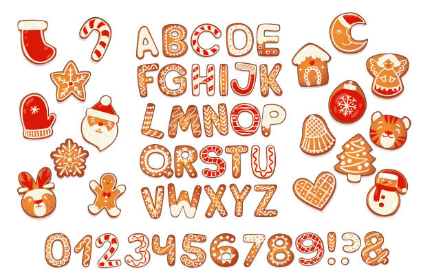 크리스마스 진저 브레드 쿠키 알파벳 - bakery biscuit christmas decoration christmas ornament stock illustrations