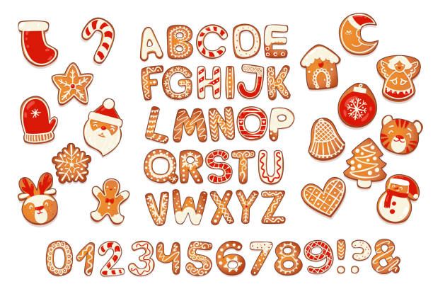 Christmas gingerbread cookies alphabet Christmas gingerbread cookies alphabet with figures. Biscuit letters and characters for xmas messages and design. Vector illustration with sugar decorations. gingerbread house cartoon stock illustrations