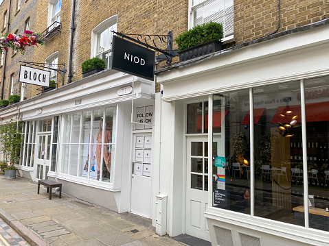 NIOD Skincare Brand on Monmouth Street in Seven Dials, London, with dance store Bloch in the background