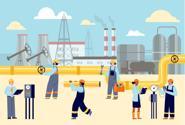 Workers in helmets and uniforms at oil production plant. Vector flat cartoon illustration of factory staff characters on background of buildings and pipes. Workers in helmets and uniforms at oil production plant. Vector flat cartoon illustration of factory staff characters on background of buildings and pipes. Set of worker characters. natural gas extraction stock illustrations