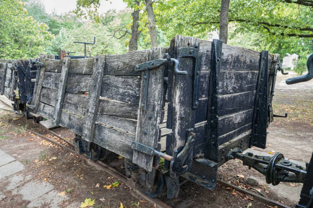 Ópusztaszer, Hungary - August 2021: Scenic view of a wooden train wagon or lorry, intended for the transport of wood.