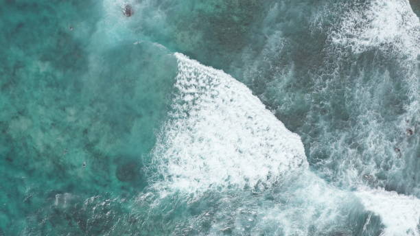 sobrevolando el océano en la hora dorada. olas gigantes espumando y chapoteando en el océano. los surfistas montan las olas. el color turquesa del agua del océano pacífico en la isla tropical de oahu hawai. - oahu water sand beach fotografías e imágenes de stock