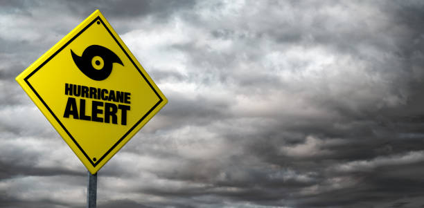 istock Hurricane alert banner with storm clouds background. Warning. 3D illustration. Copy space. 1337091227