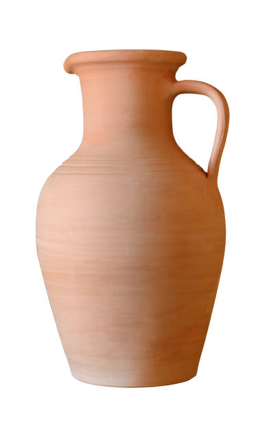 ceramic jug vase with a handmade clay handle. isolated on a white background - earthenware imagens e fotografias de stock