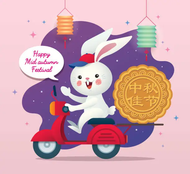 Vector illustration of Mid-autumn festival - cartoon rabbit riding scooter delivering mooncake