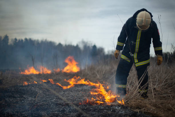 istock A firefighter extinguishes dry grass. A firefighter is fighting a fire in an open area. 1337095001