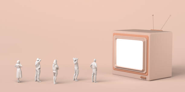 istock Group of people watching a giant television. Mass media. 3D illustration. Copy space. 1337097155