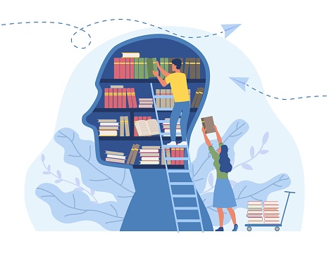 Literature for personal development concept. Man stands puts useful information in form of books into silhouette of head. Knowledge and education. Cartoon flat vector illustration on white background