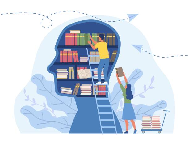 Literature for personal development concept Literature for personal development concept. Man stands puts useful information in form of books into silhouette of head. Knowledge and education. Cartoon flat vector illustration on white background headquarters stock illustrations