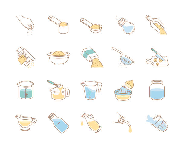 ilustraciones, imágenes clip art, dibujos animados e iconos de stock de iconos con especias e ingredientes culinarios - sugar spoon salt teaspoon