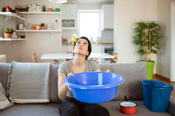 istock Woman Collecting Leaking Water From the Ceiling 1337098444