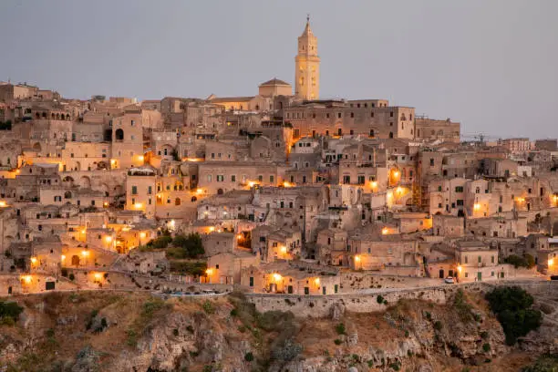 view of the stones of Matera in the dawn lights