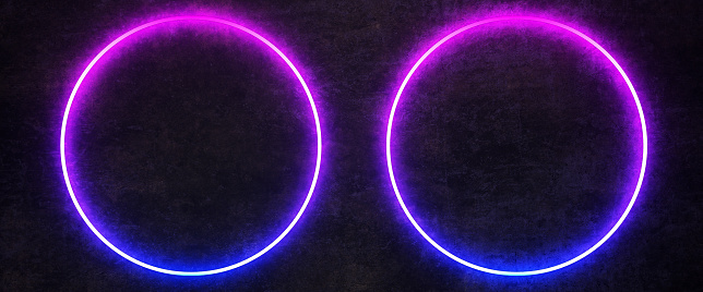 two neon rings on black wall. 3d rendering