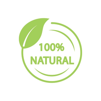 Natural leaf icon. 100% natural, vector, icon, label.