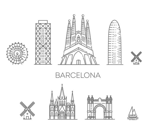 ilustraciones, imágenes clip art, dibujos animados e iconos de stock de horizonte de barcelona, españa. arte de línea plana de la ciudad - barcelona