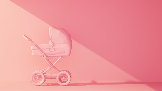 pink baby stroller side view on pink background. 3d rendering