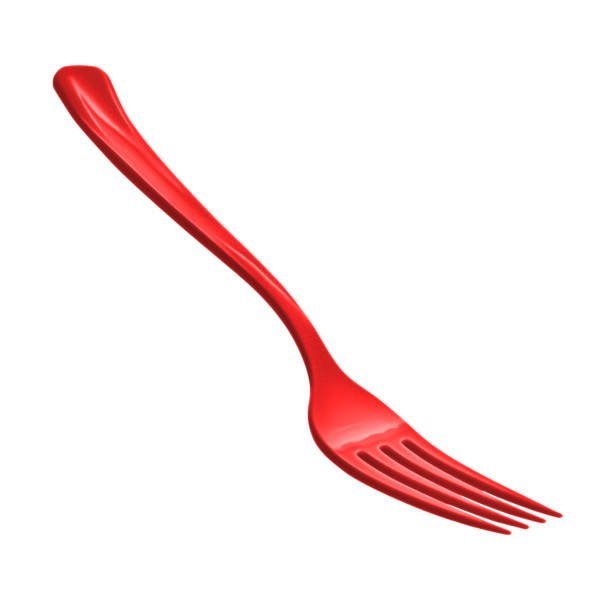 garfo de plástico descartável vermelho, caminho de recorte, isolado em fundo branco - silverware spoon isolated fork - fotografias e filmes do acervo