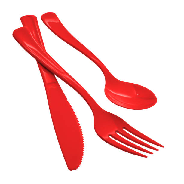 istock Red Disposable plastic fork, knife, spoon, clipping path, isolated on white background 1337103218