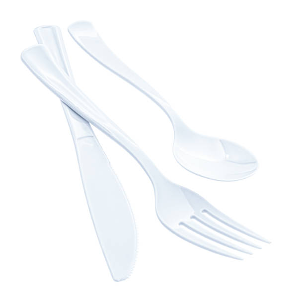 white disposable plastic fork, knife, spoon, clipping path, isolated on white background - food dining cooking multi colored imagens e fotografias de stock