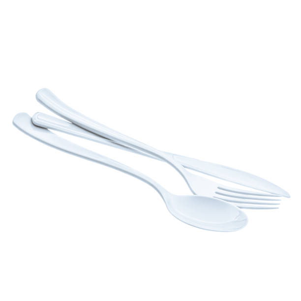 White Disposable plastic fork, knife, spoon, clipping path, isolated on white background
