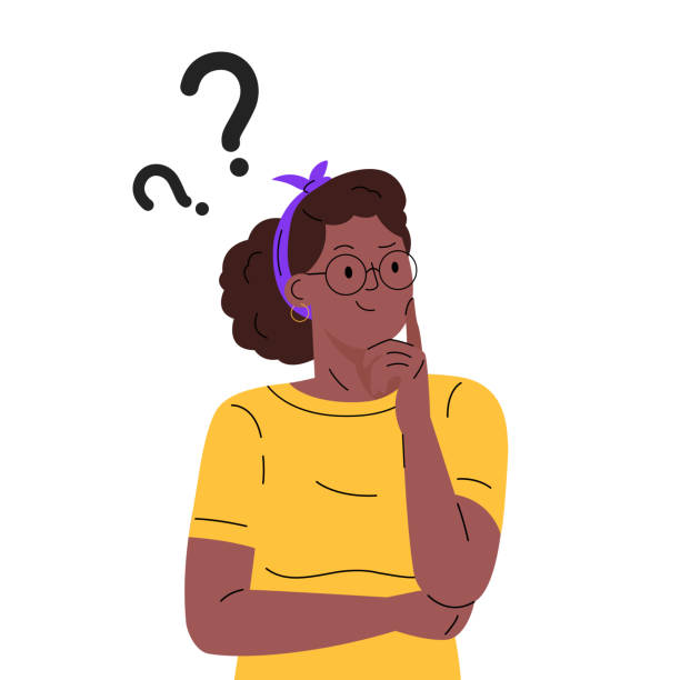Thinking woman character Thinking woman character. Question. Girl solves a problem. Woman with question mark. Cartoon vector illustration one person stock illustrations