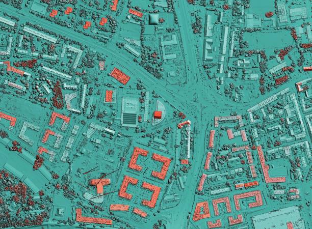 karte des städtischen stadtgebiets mit farbigen geodaten für die gis-nutzung - topographic map fotos stock-fotos und bilder