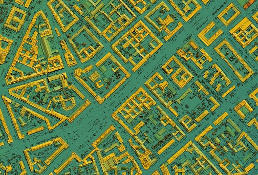 Digital elevation model of a urban area. GIS product made after proccesing aerial pictures taken from a drone. It shows city area with roads, junctions and suburbs