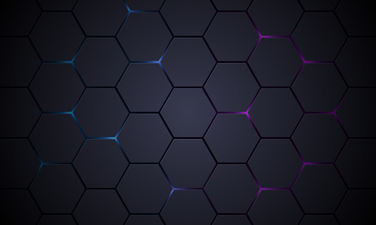 Dark gray 3D hexagonal technology vector abstract background. Blue and pink energy flashes under hexagon in modern technology futuristic background vector illustration. Grey honeycomb texture grid.