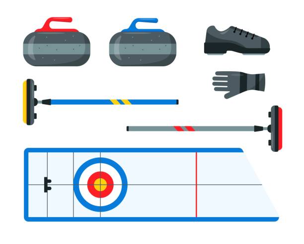 Set of equipment for curling game. Winter Sport. Curling equipment set. Collection of elements for curling game. Sport ice rink or House, stones, broom, shoe and glove. Flat vector icons illustration. curling stock illustrations