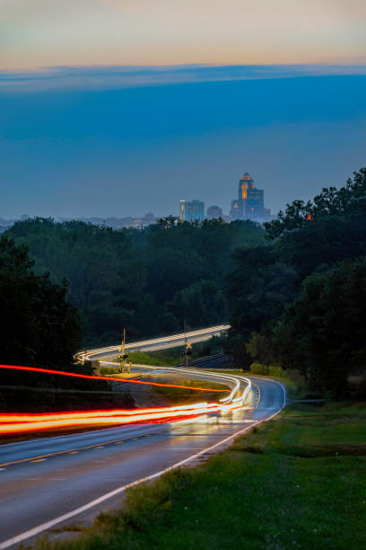 Light Trails to the Des Moines Skyline stock photo