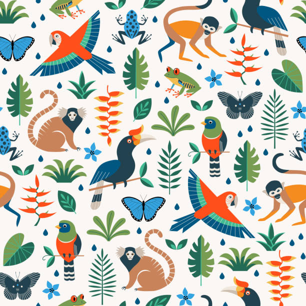 Bright colorful tropical jungle seamless pattern Vector seamless tropical pattern with rainforest jungle animals and leaves on white background. Flat surface design. squirrel monkey stock illustrations