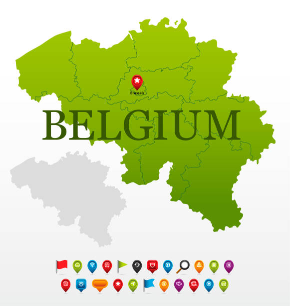 belgien grüne karte mit regionen und navigationssymbolen - map germany topographic map vector stock-grafiken, -clipart, -cartoons und -symbole