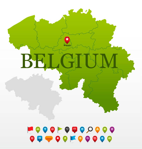 illustrazioni stock, clip art, cartoni animati e icone di tendenza di mappa verde del belgio con regioni e icone di navigazione - map germany topographic map vector