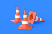 Striped traffic cones, barriers on blue background. Road safety. Prohibition of passage, parking. Fencing hazardous areas. 3d render