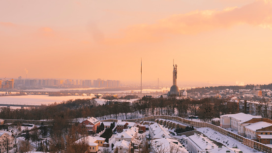 View of Motherland Monument and the Dnieper river in Kiev, Ukraine. Kiev cityscape