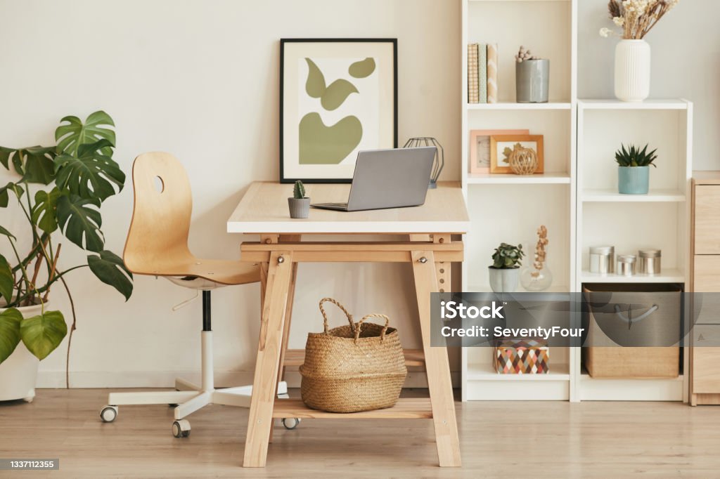 Nature Elements in Home Office Background image of empty home office interior with wooden details in cozy apartment, copy space Apartment Stock Photo