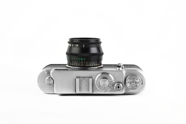istock Old rangefinder film photo camera on white background. 1337113203