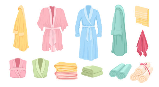 Set of Bathrobes, Bathroom Accessories Towels, Hanging and Folding Personal Hygiene Everyday Body Care Tools Collection Set of Bathrobes, Bathroom Accessories Towels, Hanging and Folding Personal Hygiene Everyday Body Care Tools Collection. Colorful Textile Wipers for Drying After Washing. Vector Illustration, Elements bathrobe stock illustrations