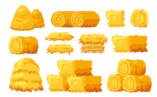 Set of Icons Bale of Hay Different Shapes and Sizes Isolated on White Background. Dried Rolled and Block Haystack, Farming Haymow Bale Hayloft, Agricultural Rural Haycock. Cartoon Vector Illustration