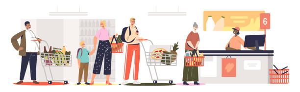 antrian di supermarket di meja konter. orang-orang di toko ritel kelontong menunggu untuk membayar makanan di kasir - ibu ibu ilustrasi stok