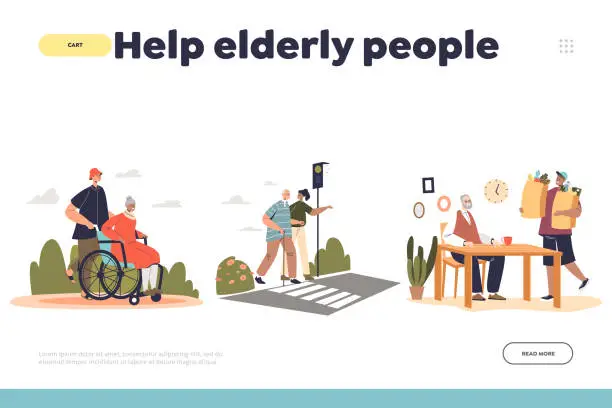Vector illustration of Help eldery people concept of landing page with young volunteers taking care of senior retired