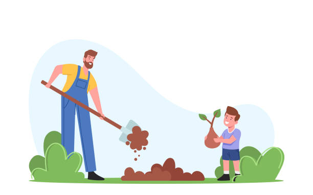 Farmers or Cottagers Working in Garden. Father Digging Soil, Son Planting Sprout to Ground, Family Care of Trees Farmers or Cottagers Characters Working in Garden. Father Digging Soil, Son Planting Sprout to Ground, Family Care of Trees, Outdoors Hobby, Environment Protection. Cartoon People Vector Illustration farmer son stock illustrations