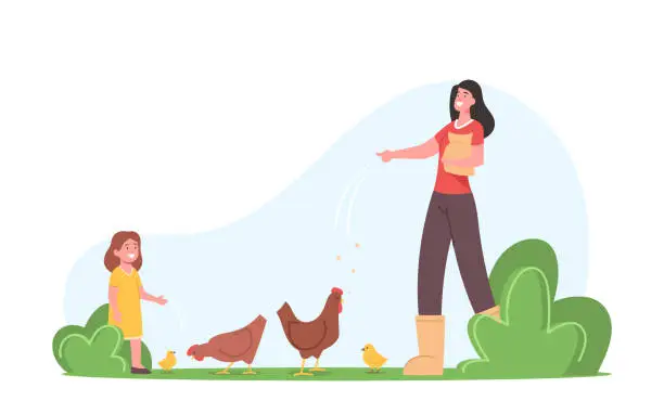 Vector illustration of Young Mother with Little Daughter Feeding Fowl on Farm. Farmers Family or Villagers Work. Mom and Girl Care of Birds