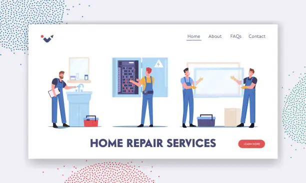 Vector illustration of Home Repair Services Landing Page Template. Handyman Fixing Sink in Bathroom, Workers Characters Install Window