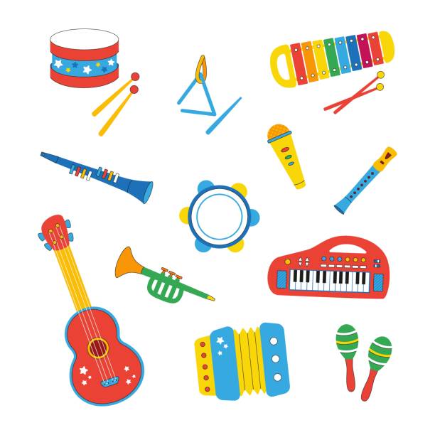 Set of kids musical instruments hand drawn in cartoon style on a white background Set of kids musical instruments hand drawn in cartoon style on a white background. Funny children's toys - synthesizer, xylophone, drum, triangle, tambourine, clarinet, accordion, microphone accordion instrument stock illustrations